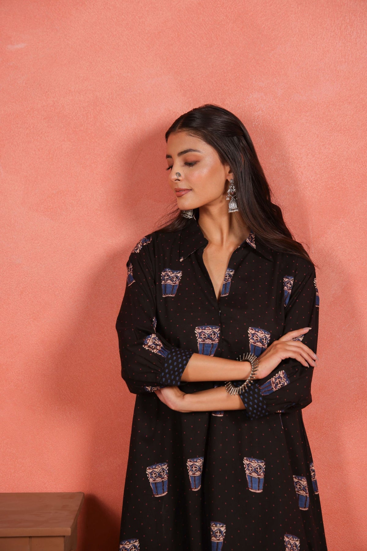 Black Cotton Slub Asymmetric Kurta with Afghani Salwar