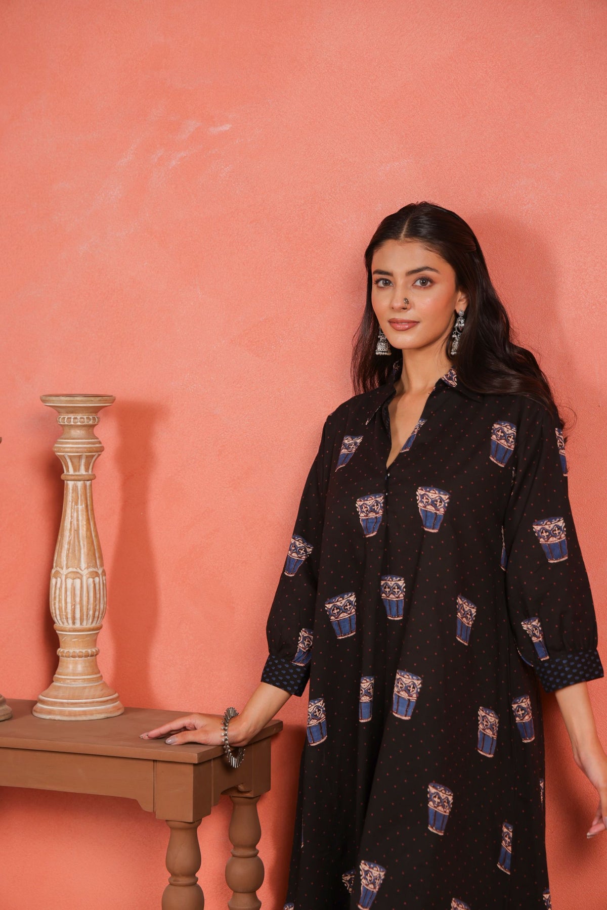 Black Cotton Slub Asymmetric Kurta with Afghani Salwar