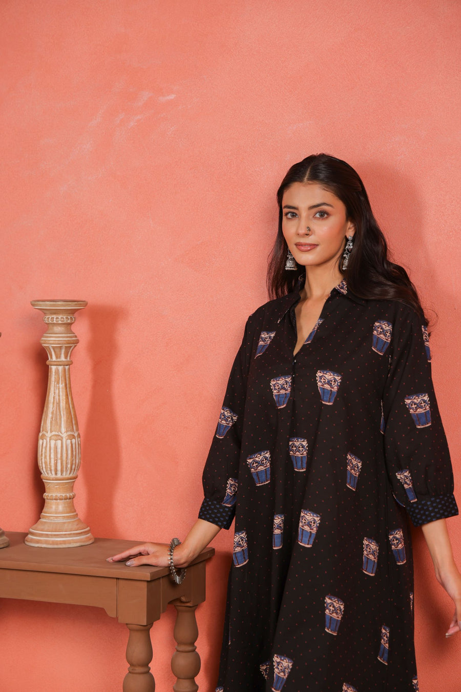 Black Cotton Slub Asymmetric Kurta with Afghani Salwar