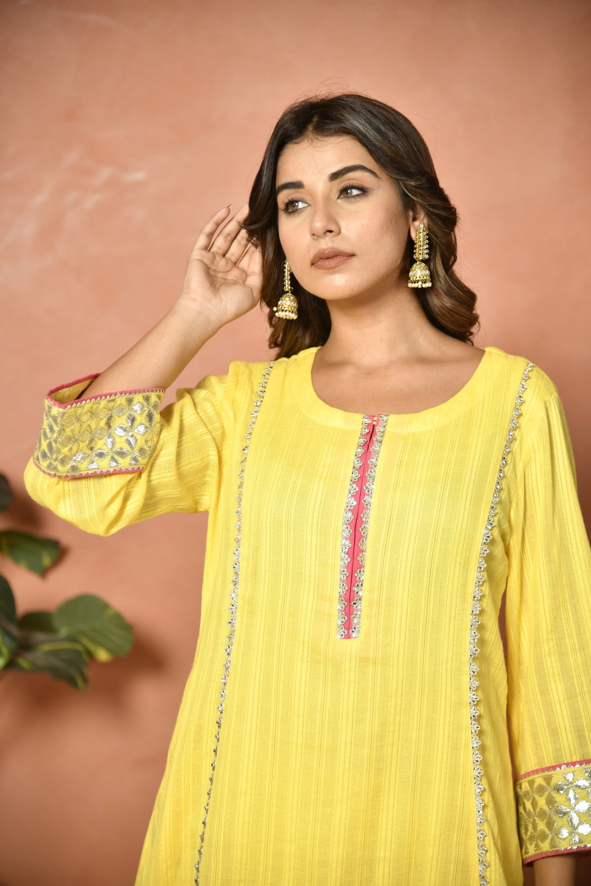Yellow festive embroidered cotton suit set - close-up detail - EKOHUM