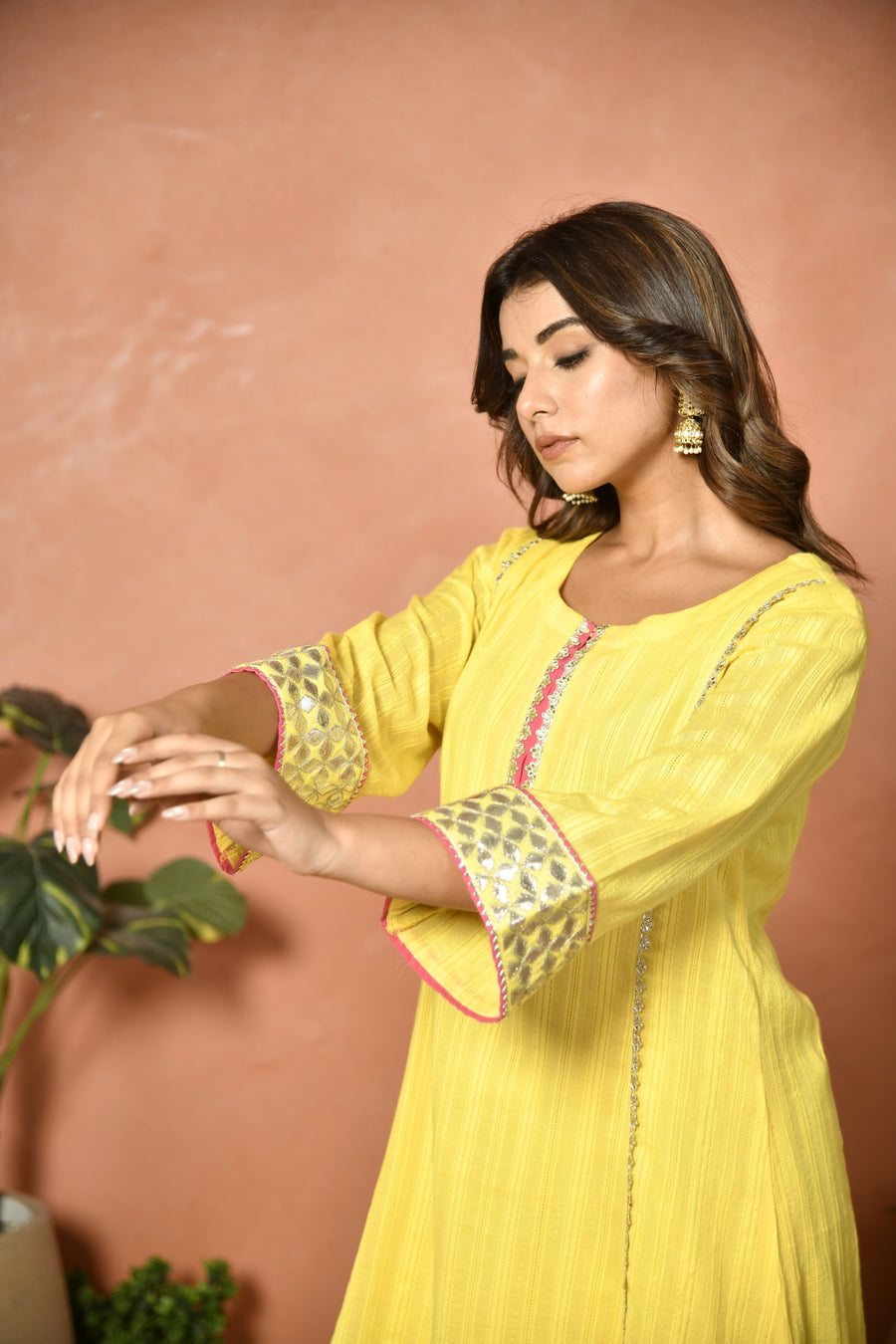 Yellow festive embroidered cotton suit set - fabric detail - EKOHUM