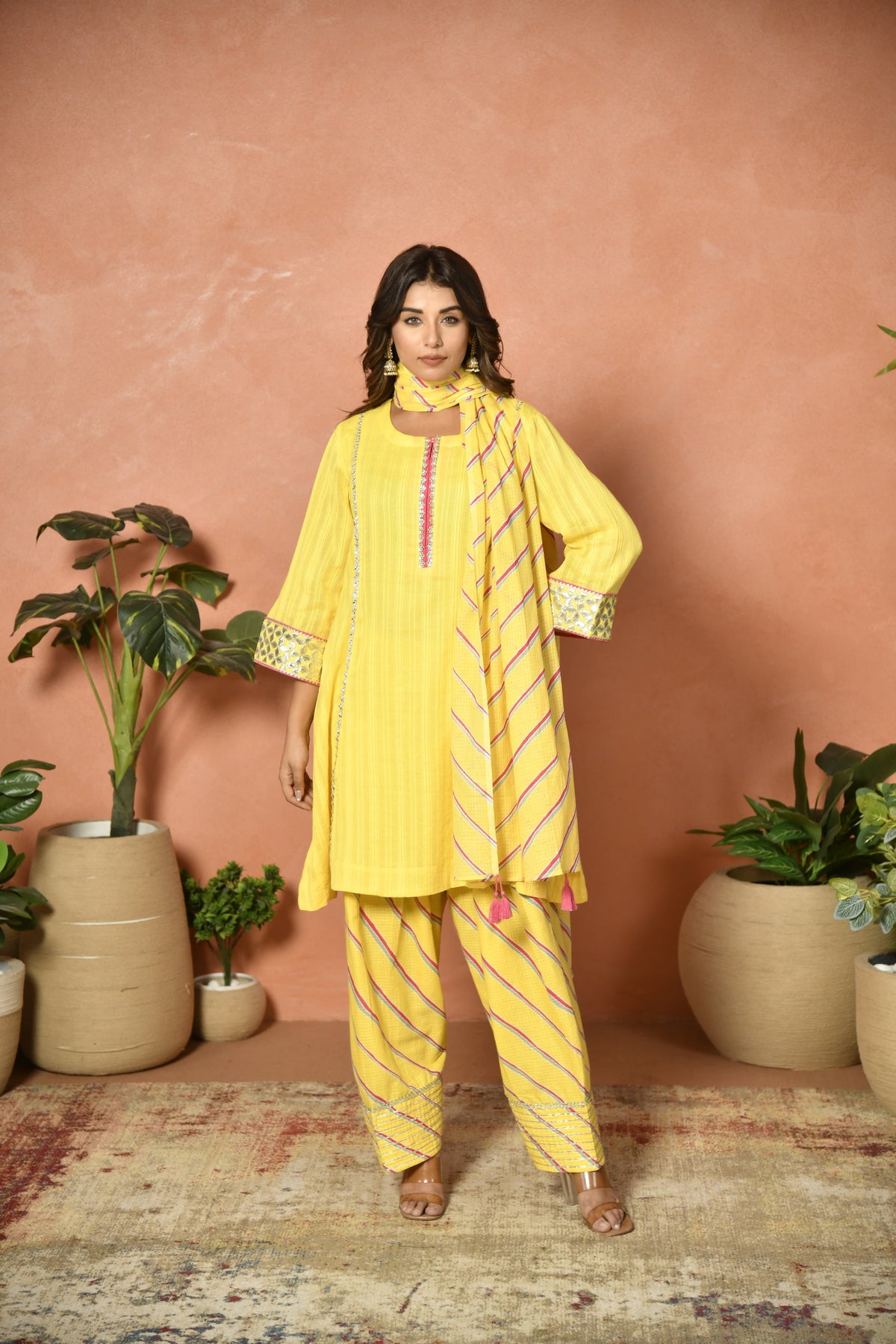 Yellow festive embroidered cotton suit set - styled look - EKOHUM