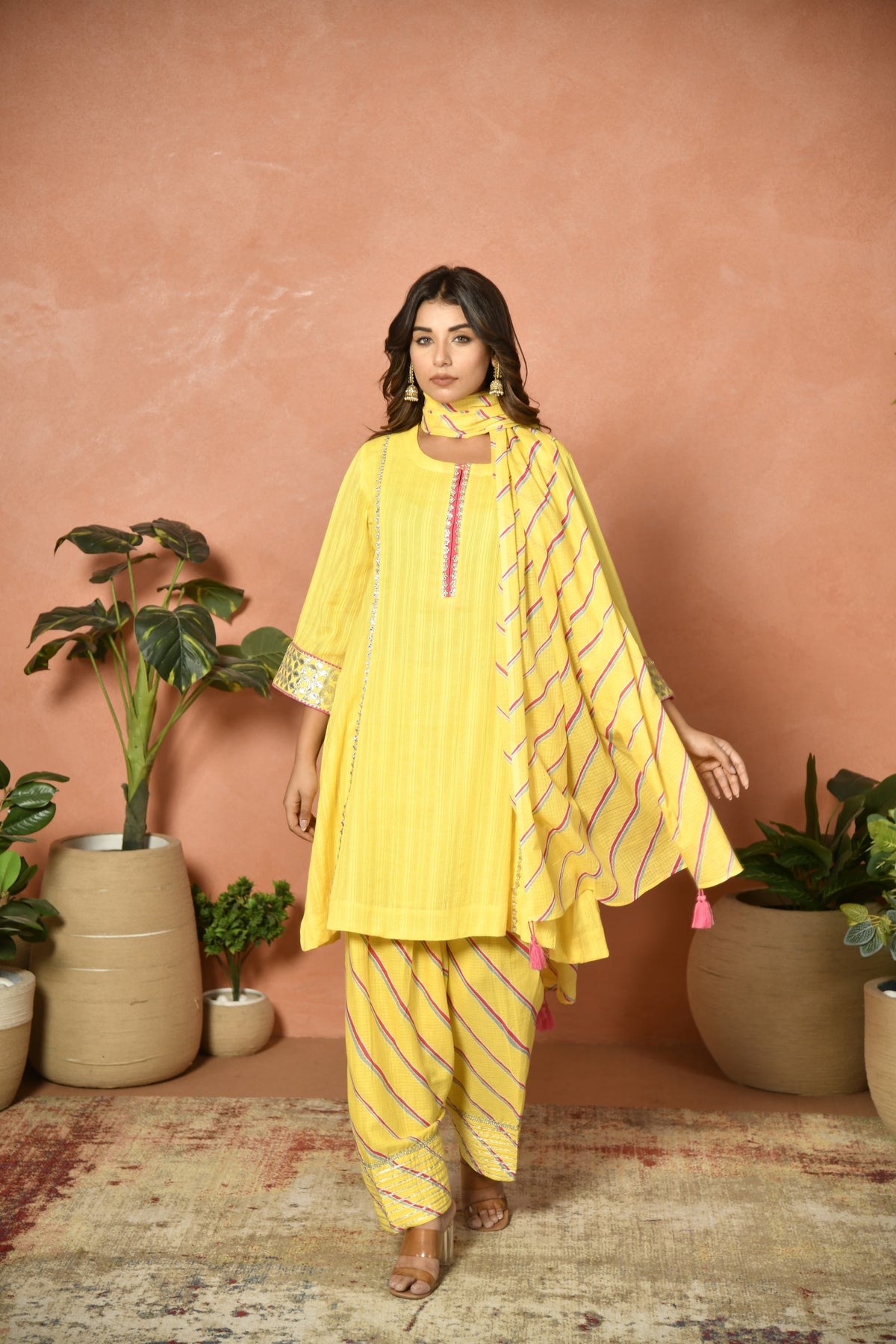 Yellow festive embroidered cotton suit set - back view - EKOHUM