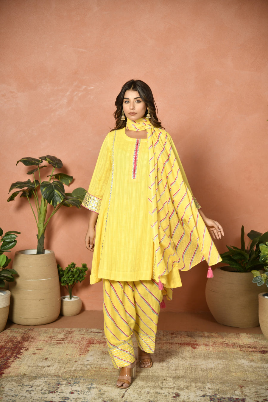 Yellow festive embroidered cotton suit set - back view - EKOHUM