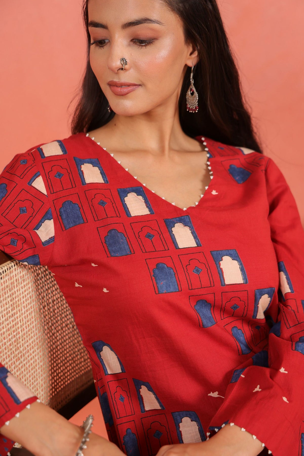 Brick Red Cotton Slub Kurta Pant Set with Beads Hand Work