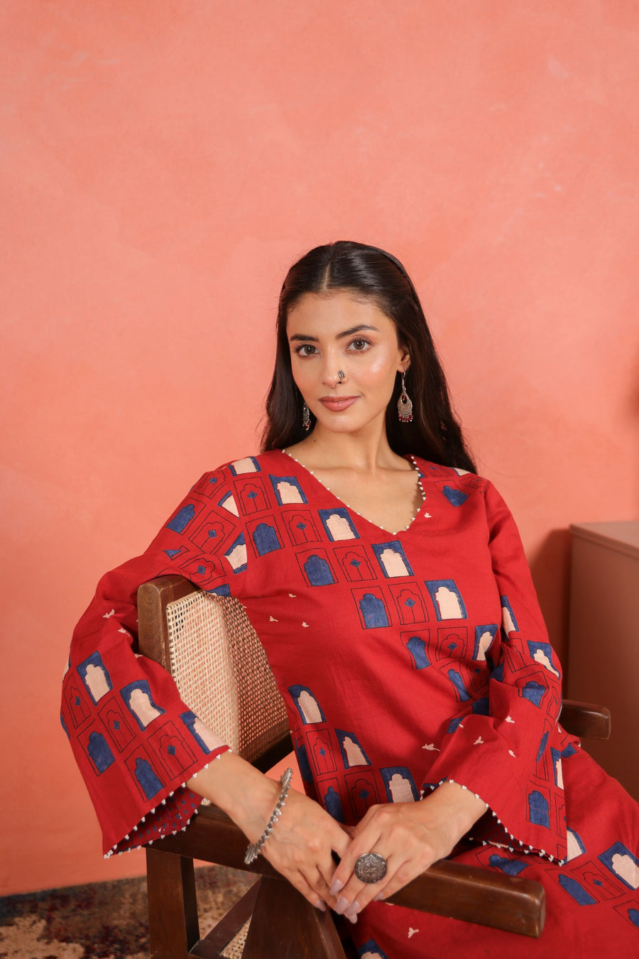 Brick Red Cotton Slub Kurta Pant Set with Beads Hand Work