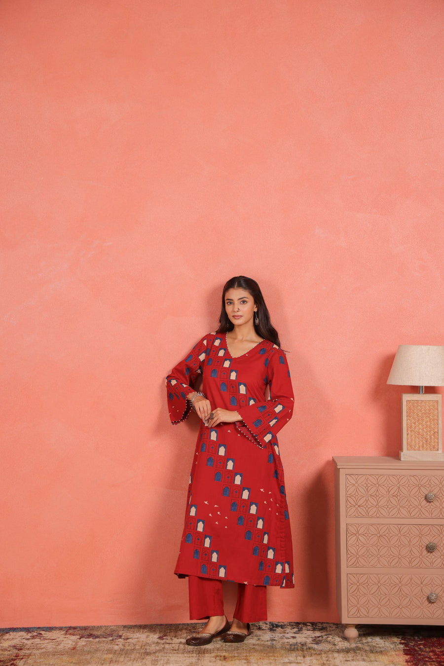 Brick Red Cotton Slub Kurta Pant Set with Beads Hand Work