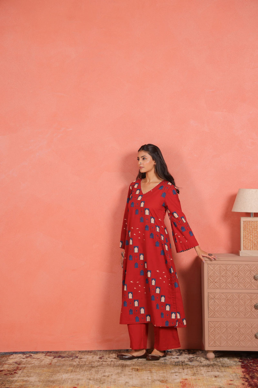 Brick Red Cotton Slub Kurta Pant Set with Beads Hand Work