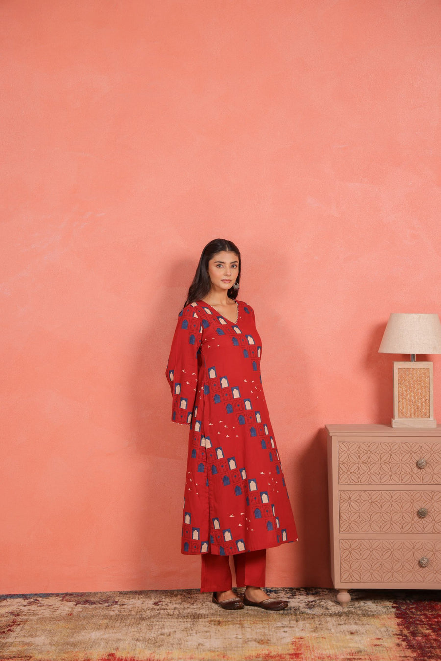 Brick Red Cotton Slub Kurta Pant Set with Beads Hand Work
