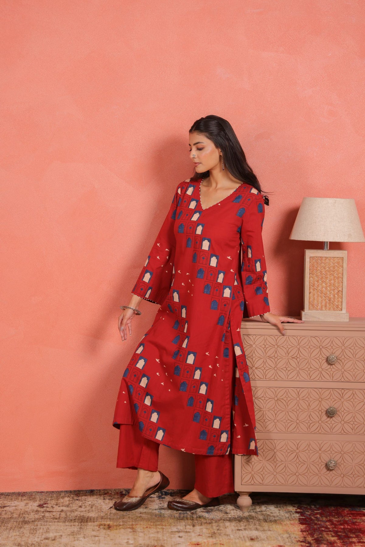 Brick Red Cotton Slub Kurta Pant Set with Beads Hand Work