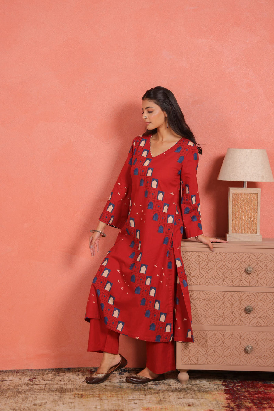 Brick Red Cotton Slub Kurta Pant Set with Beads Hand Work