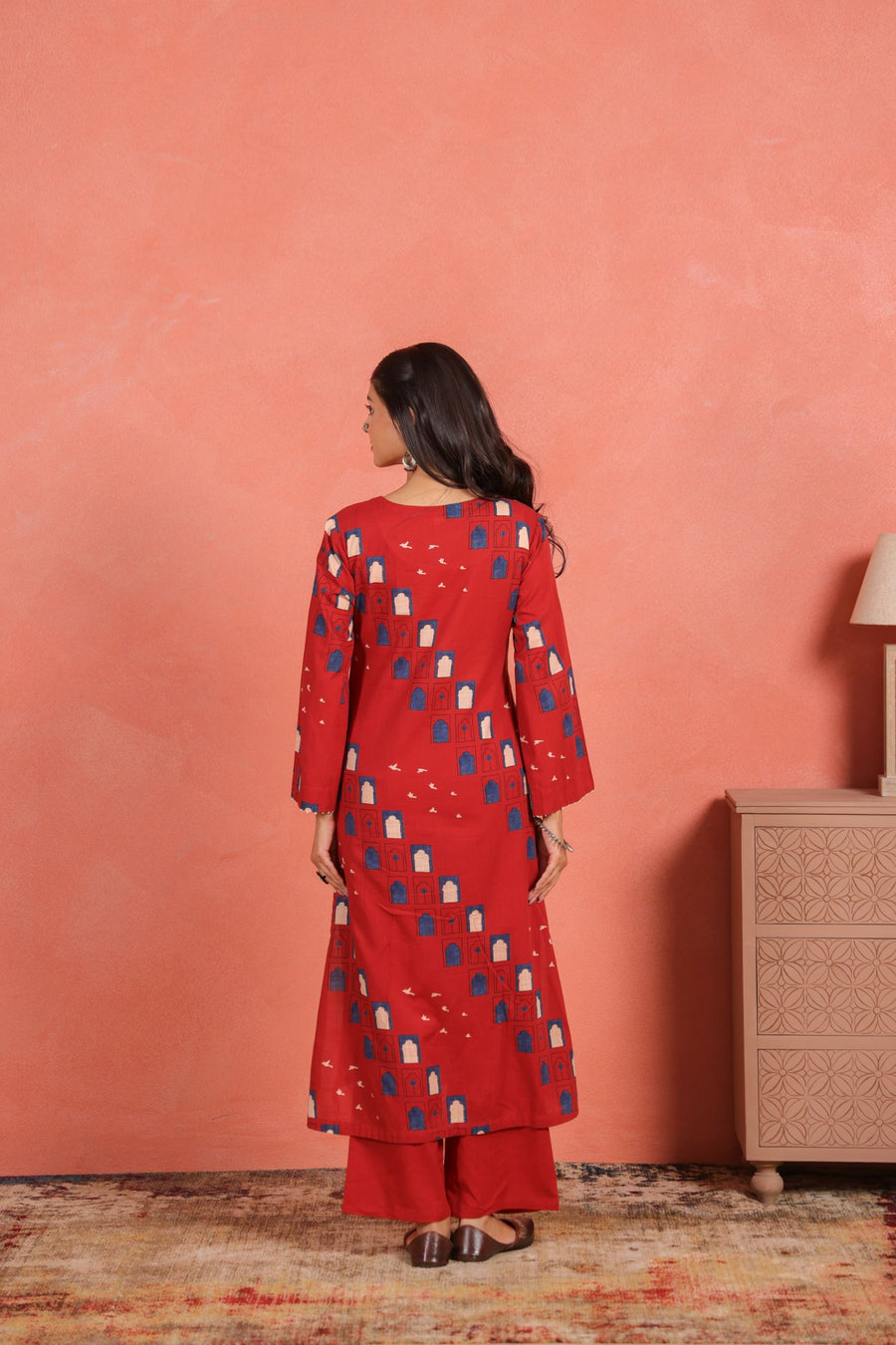 Brick Red Cotton Slub Kurta Pant Set with Beads Hand Work