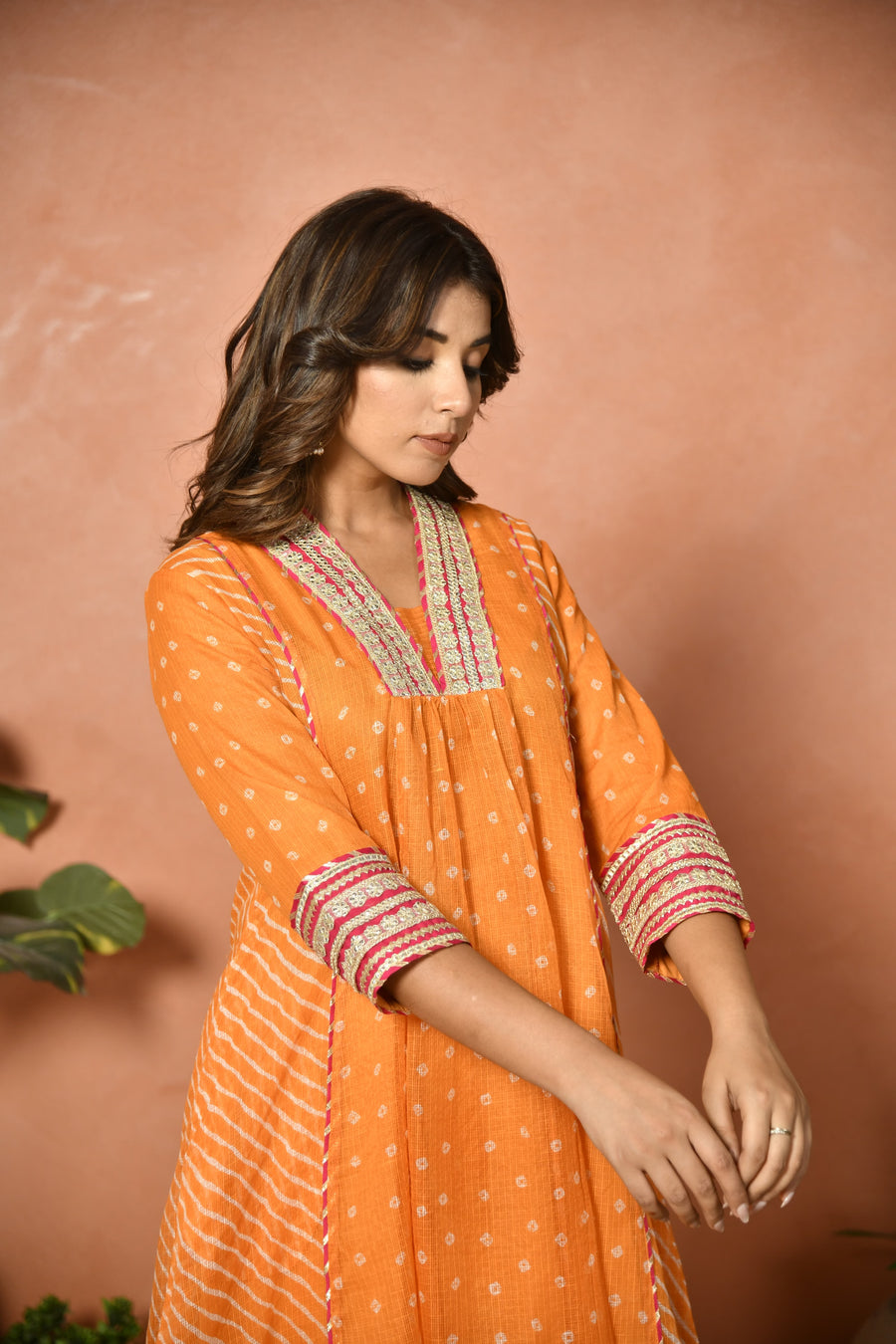 Orange festive embroidered Kota Doria suit set - front view - EKOHUM