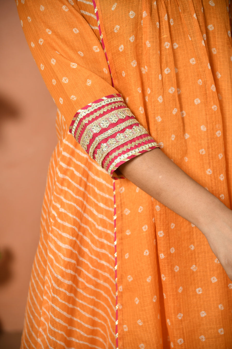 Orange festive embroidered Kota Doria suit set - full outfit - EKOHUM