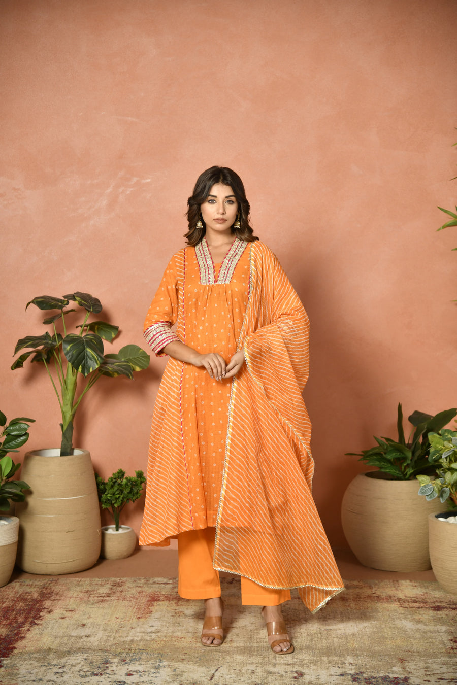 Orange festive embroidered Kota Doria suit set - fabric detail - EKOHUM