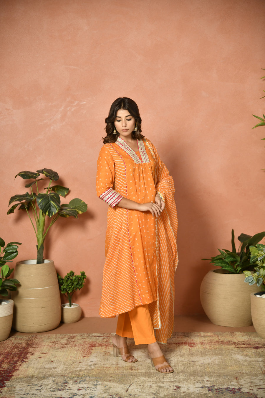 Orange festive embroidered Kota Doria suit set - side view - EKOHUM