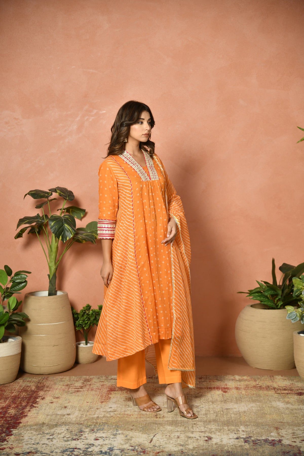 Orange festive embroidered Kota Doria suit set - styled look - EKOHUM