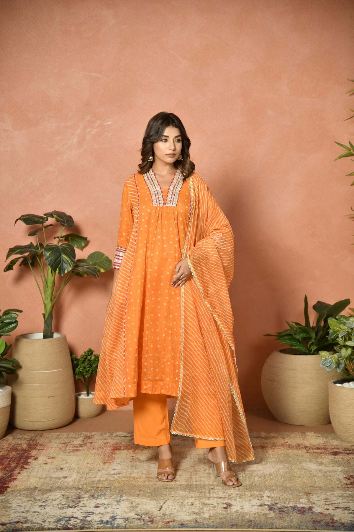 Orange festive embroidered Kota Doria suit set - back view - EKOHUM