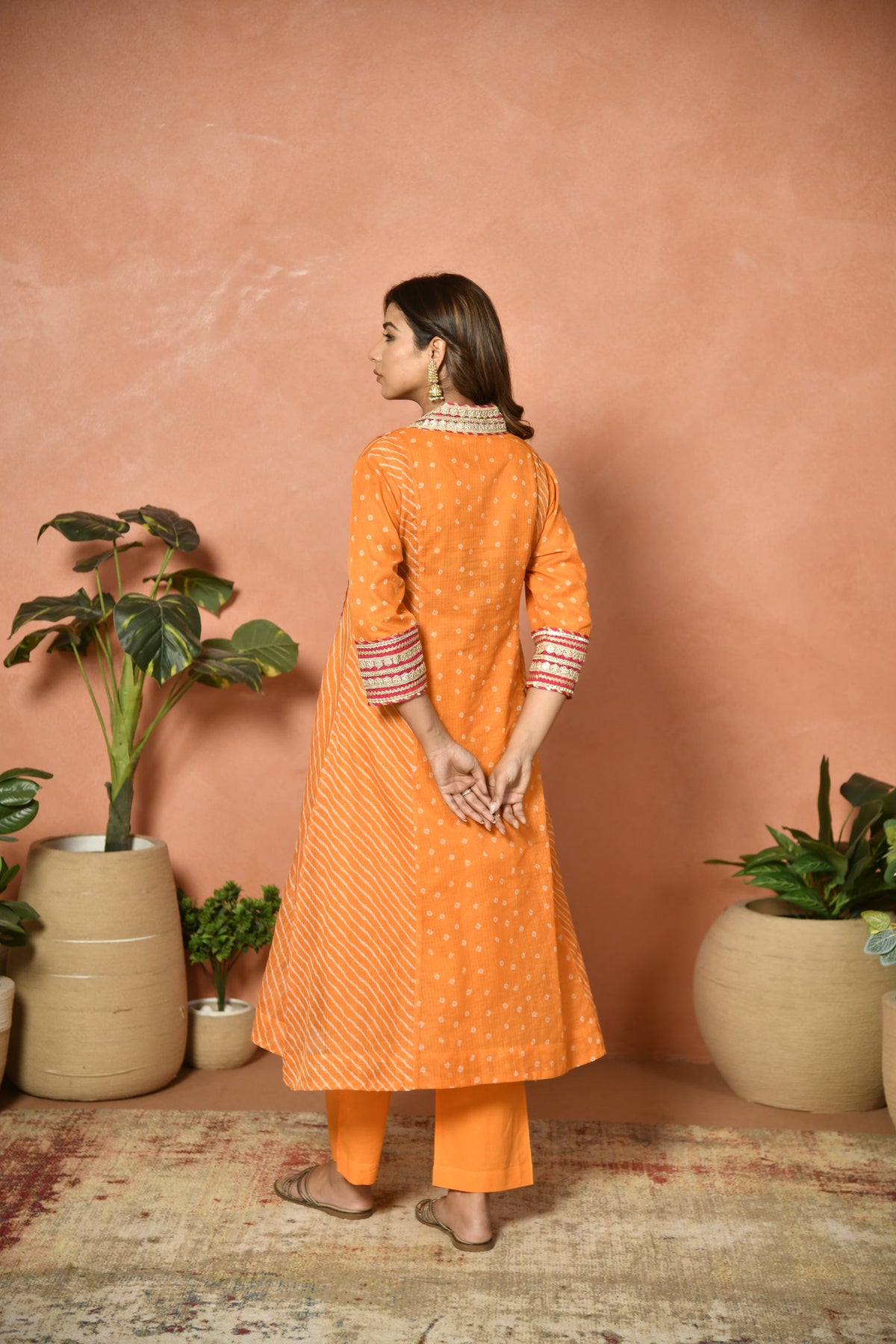 Orange festive embroidered Kota Doria suit set - detail 2 - EKOHUM