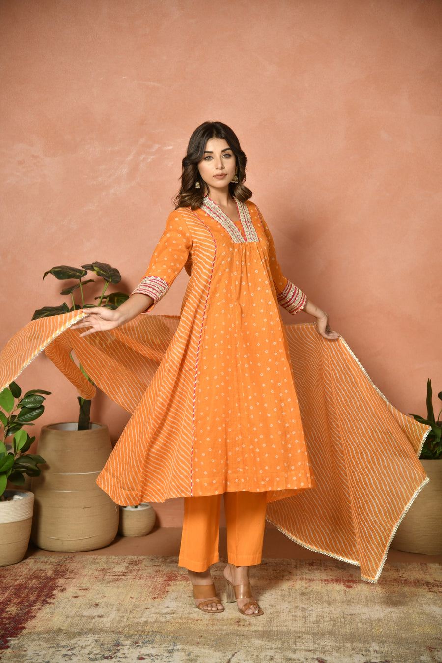 Orange festive embroidered Kota Doria suit set - detail shot - EKOHUM