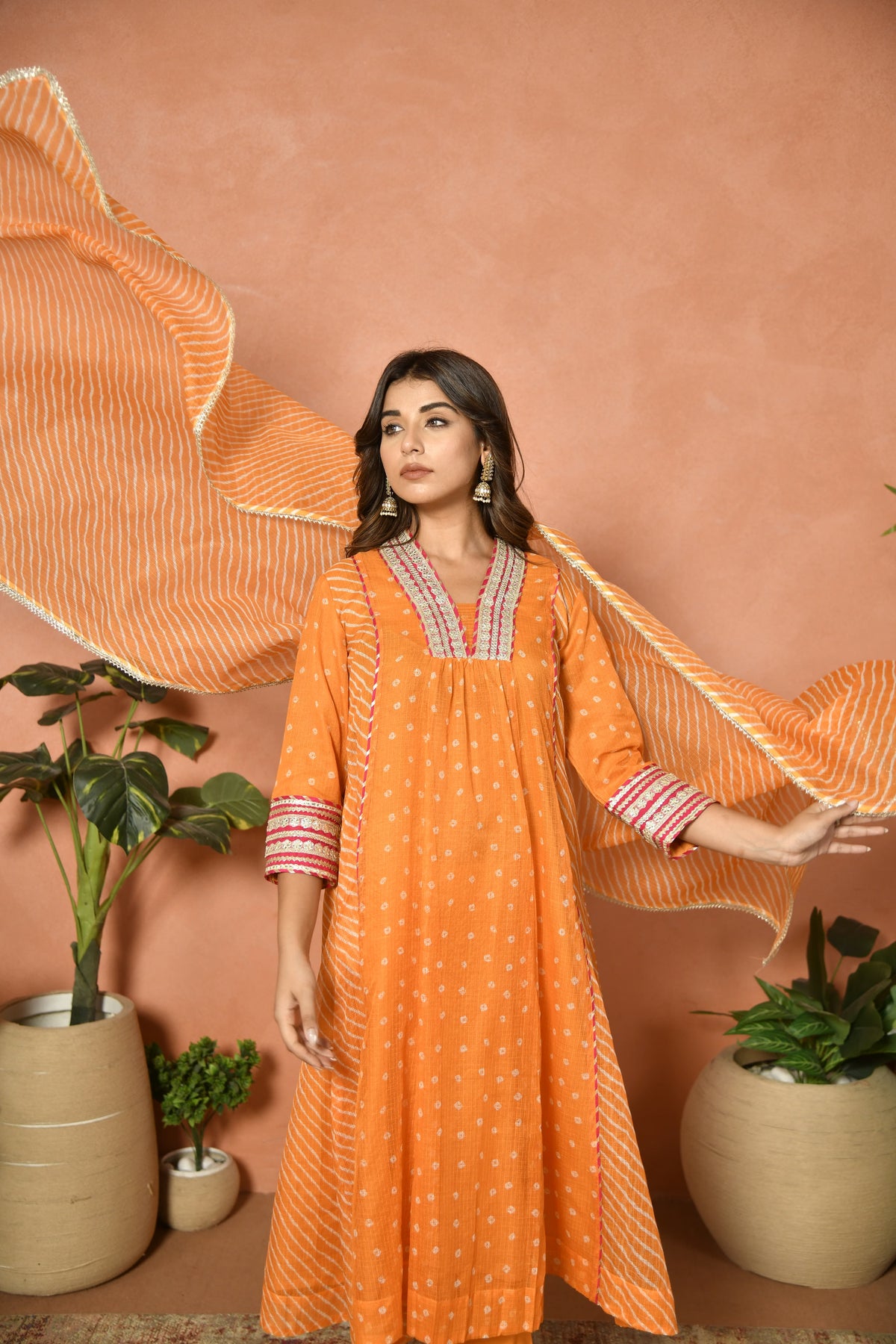 Orange festive embroidered Kota Doria suit set - festive styling - EKOHUM