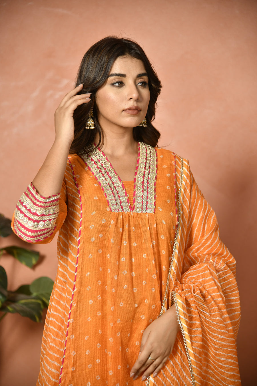 Orange festive embroidered Kota Doria suit set - product detail - EKOHUM