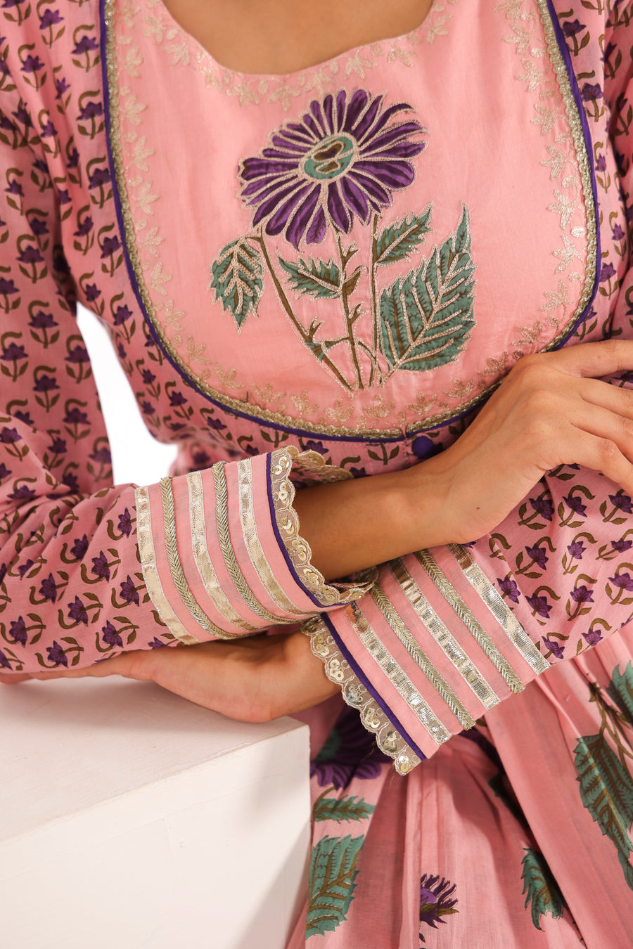 Pink Printed Cotton Mulmul Kalidaar Kurta with Zari Patch Embroidery