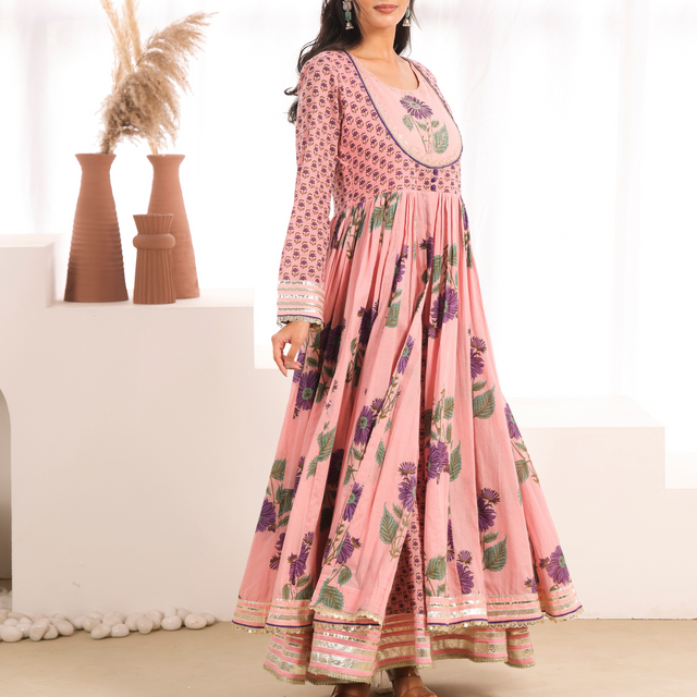 Pink Printed Cotton Mulmul Kalidaar Kurta with Zari Patch Embroidery
