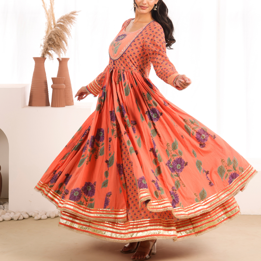 Orange Printed Cotton Mulmul Kalidaar Kurta with Zari Patch Embroidery