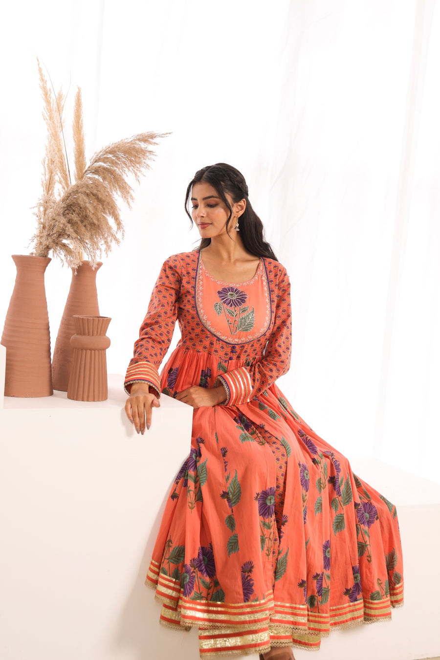 Orange Printed Cotton Mulmul Kalidaar Kurta with Zari Patch Embroidery