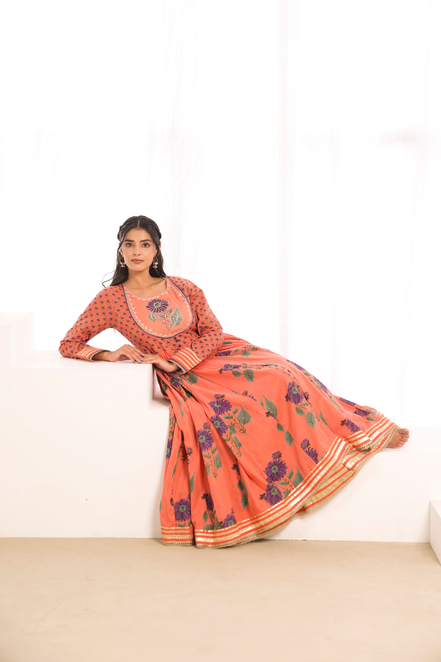 Orange Printed Cotton Mulmul Kalidaar Kurta with Zari Patch Embroidery
