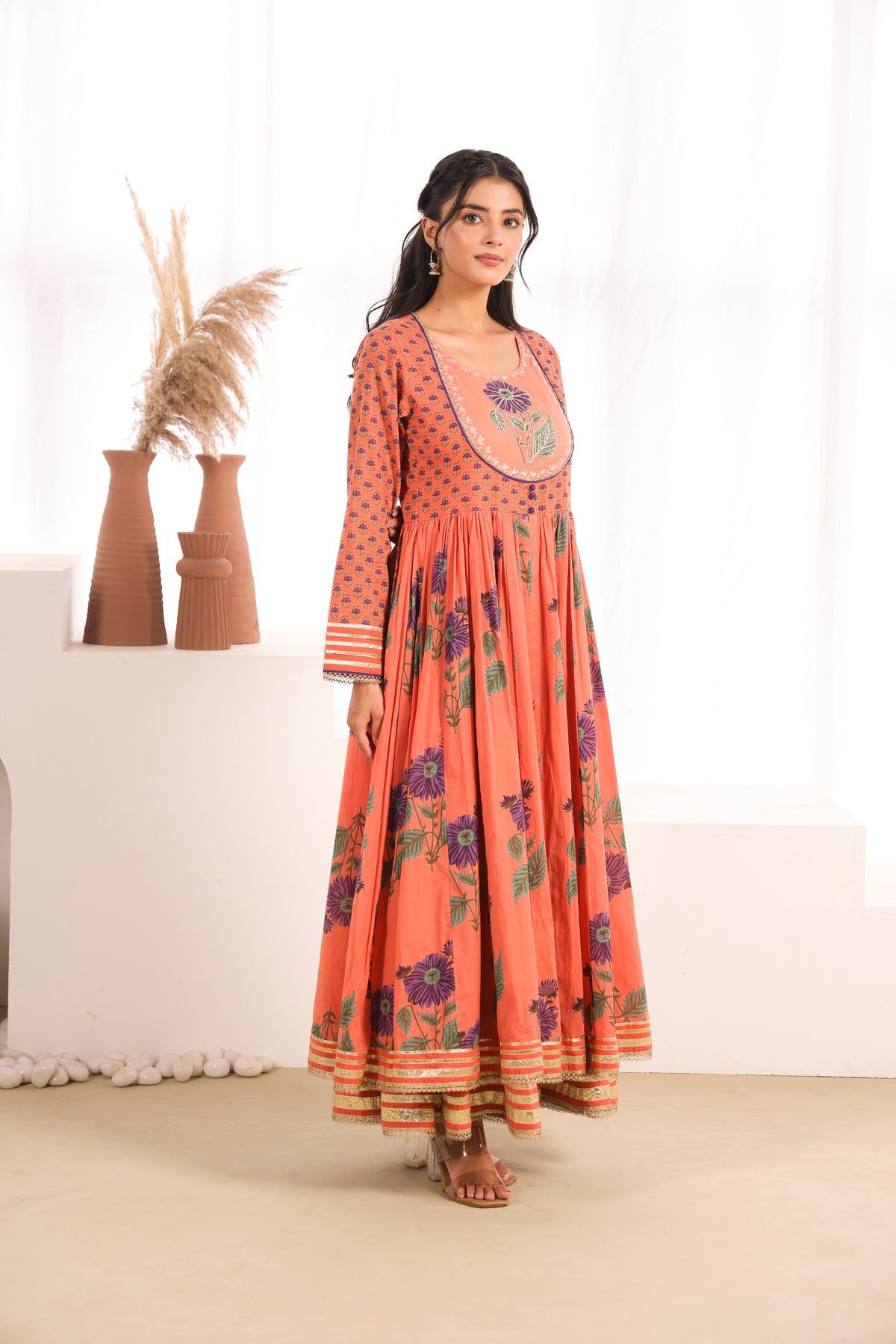 Orange Printed Cotton Mulmul Kalidaar Kurta with Zari Patch Embroidery