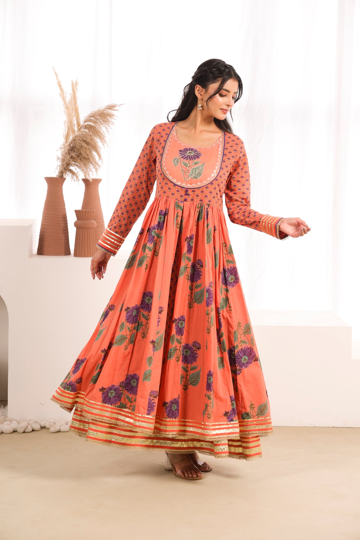 Orange Printed Cotton Mulmul Kalidaar Kurta with Zari Patch Embroidery