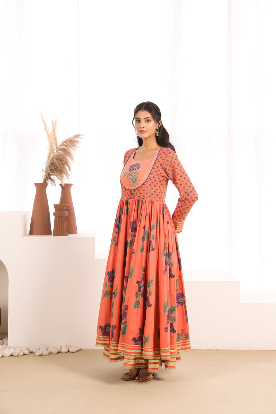 Orange Printed Cotton Mulmul Kalidaar Kurta with Zari Patch Embroidery