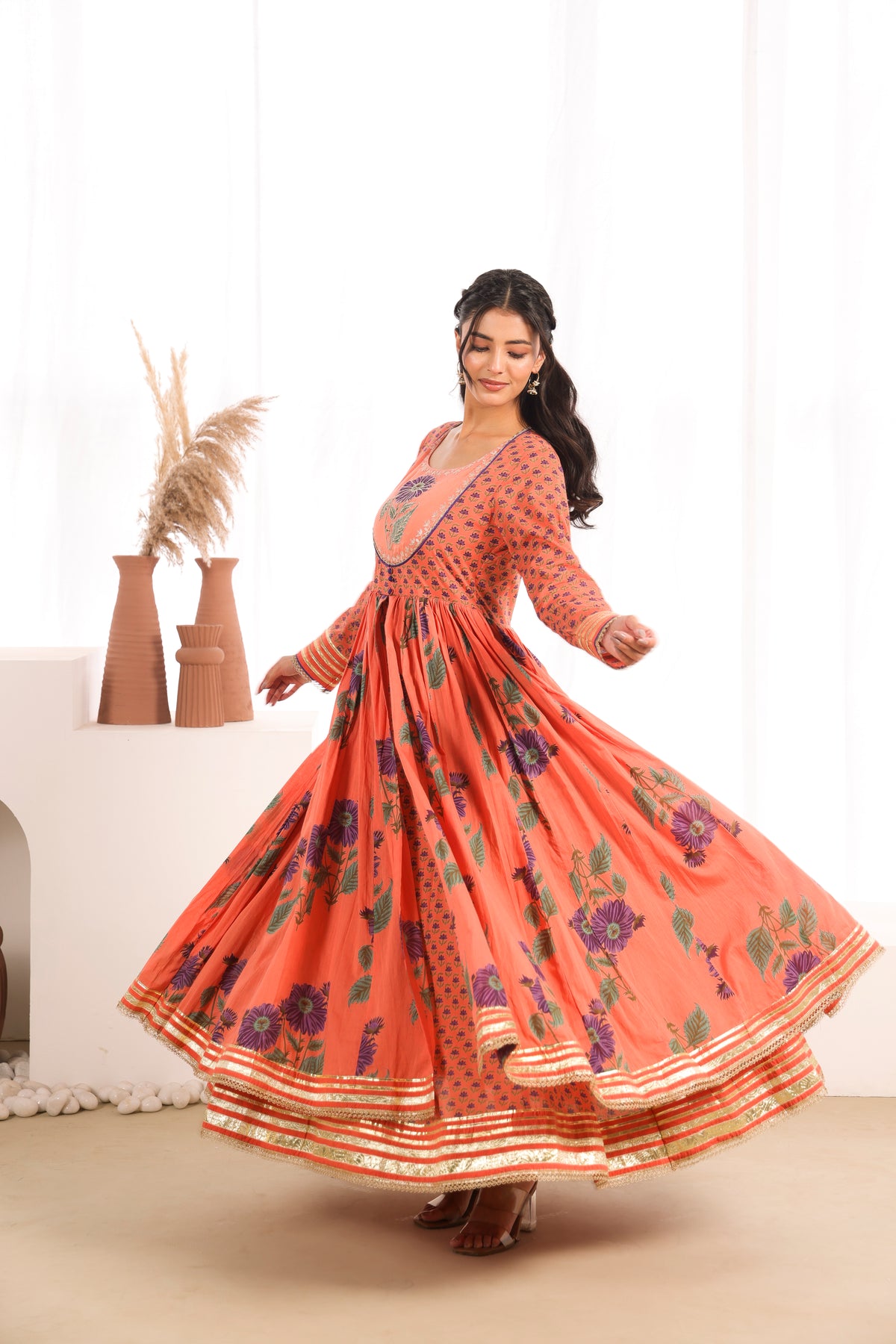 Orange Printed Cotton Mulmul Kalidaar Kurta with Zari Patch Embroidery