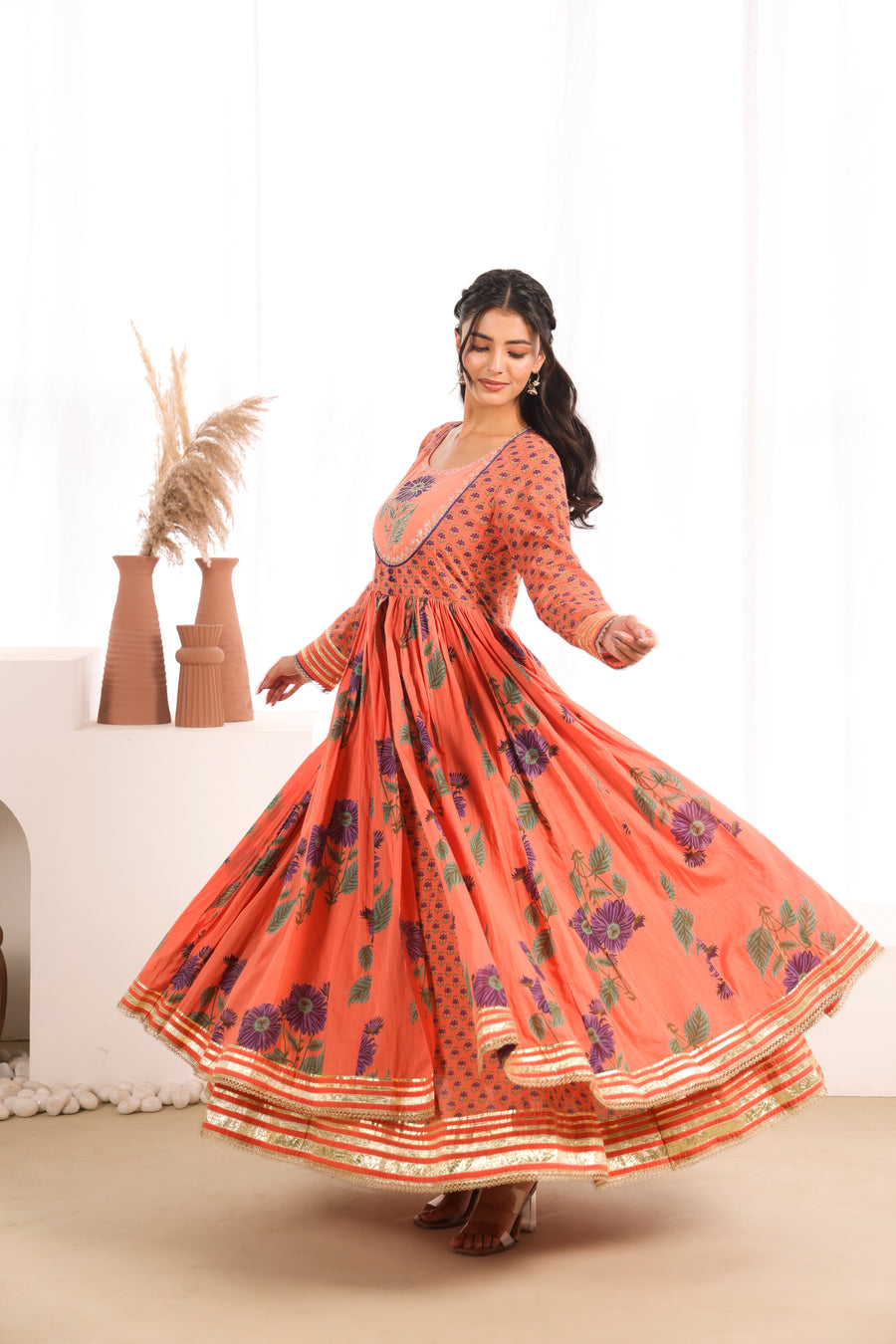 Orange Printed Cotton Mulmul Kalidaar Kurta with Zari Patch Embroidery
