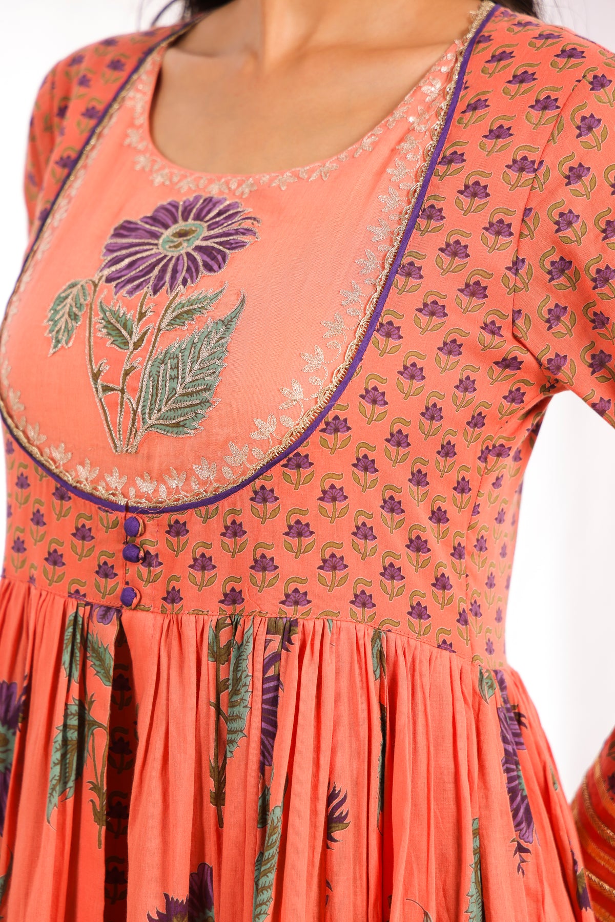 Orange Printed Cotton Mulmul Kalidaar Kurta with Zari Patch Embroidery