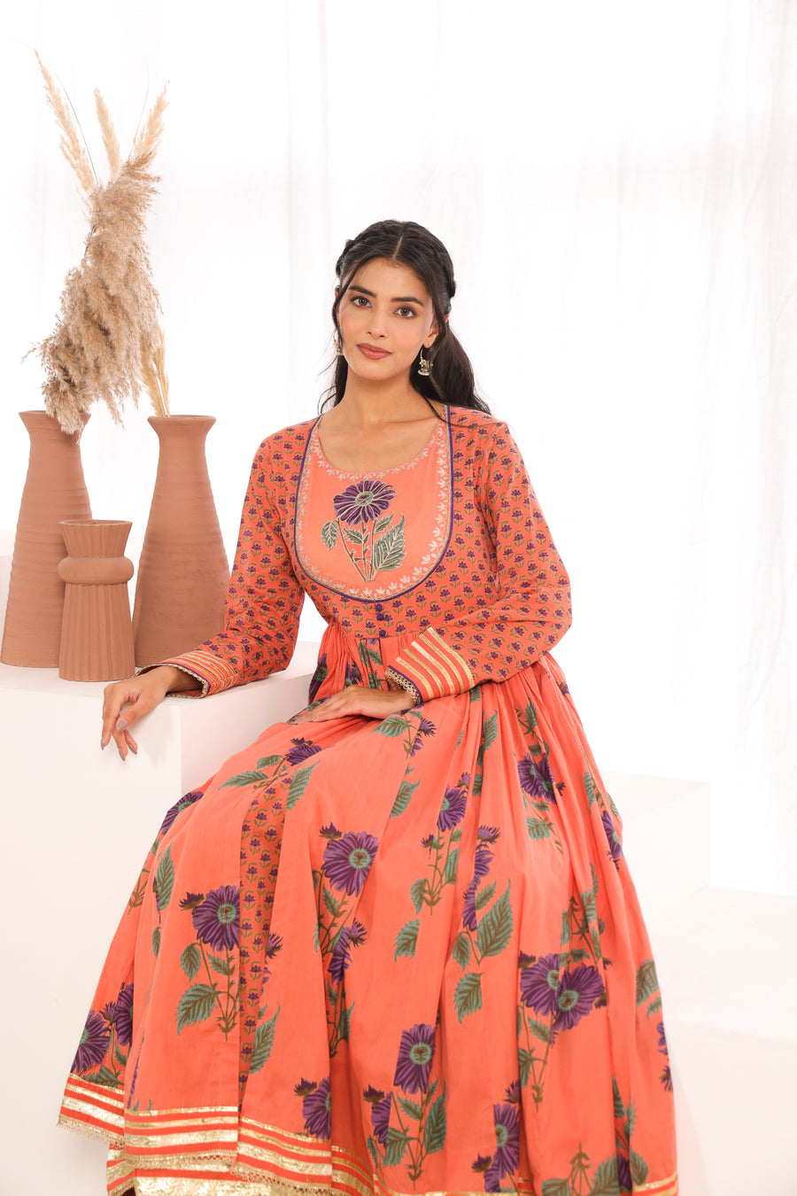 Orange Printed Cotton Mulmul Kalidaar Kurta with Zari Patch Embroidery