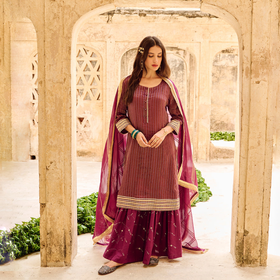 Wine Tissuse Silk Embroidered Kurta Sharara Set with Dupatta