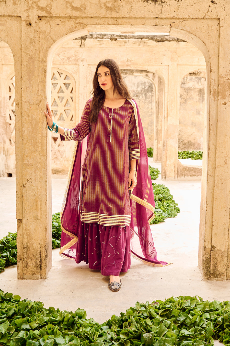 Wine Tissuse Silk Embroidered Kurta Sharara Set with Dupatta