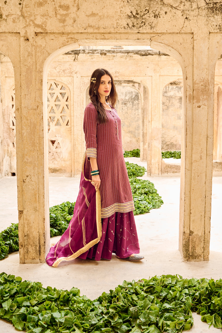Wine Tissuse Silk Embroidered Kurta Sharara Set with Dupatta