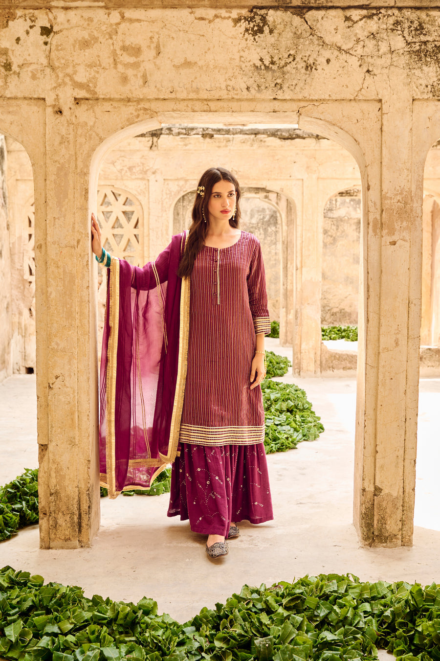 Wine Tissuse Silk Embroidered Kurta Sharara Set with Dupatta