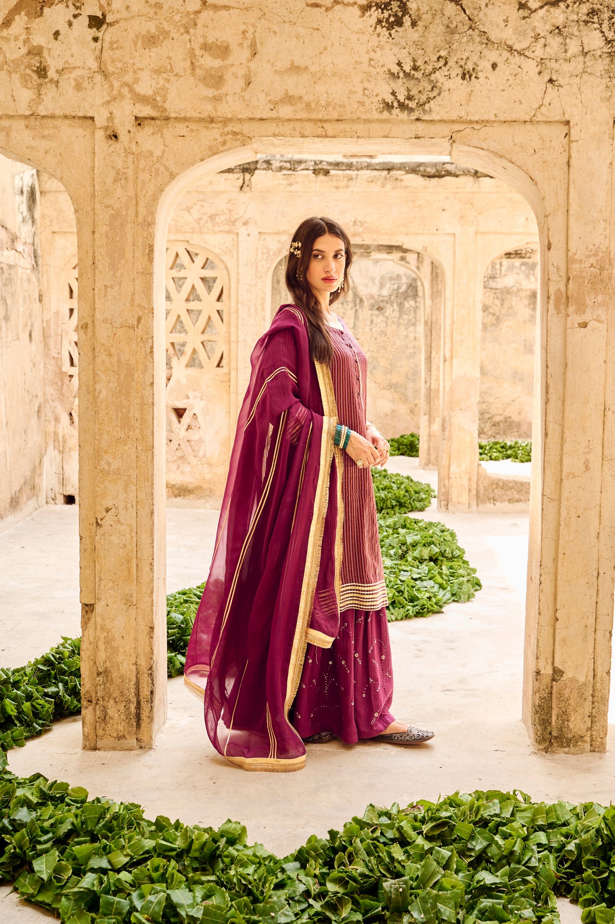 Wine Tissuse Silk Embroidered Kurta Sharara Set with Dupatta