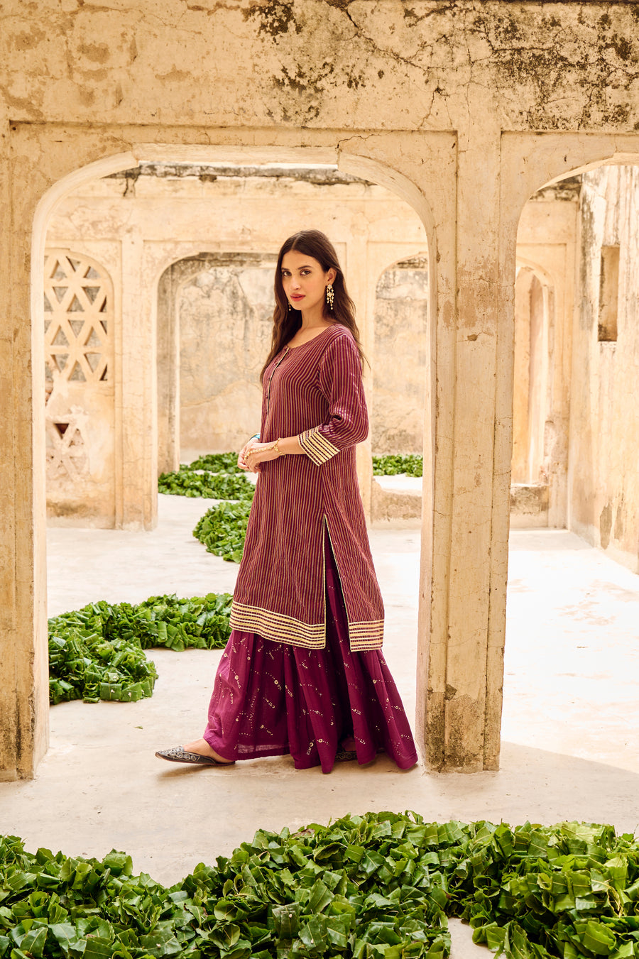 Wine Tissuse Silk Embroidered Kurta Sharara Set with Dupatta