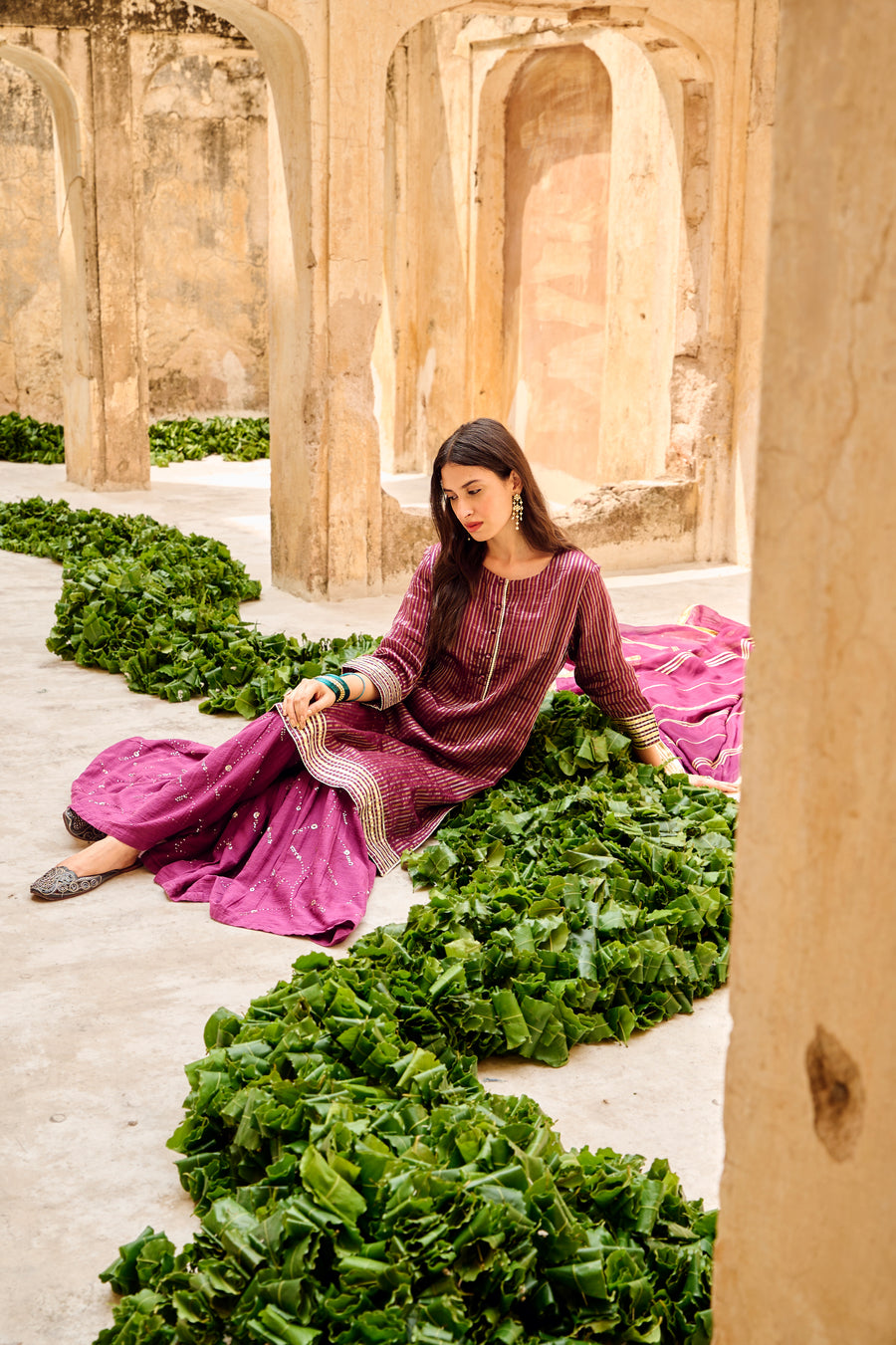 Wine Tissuse Silk Embroidered Kurta Sharara Set with Dupatta