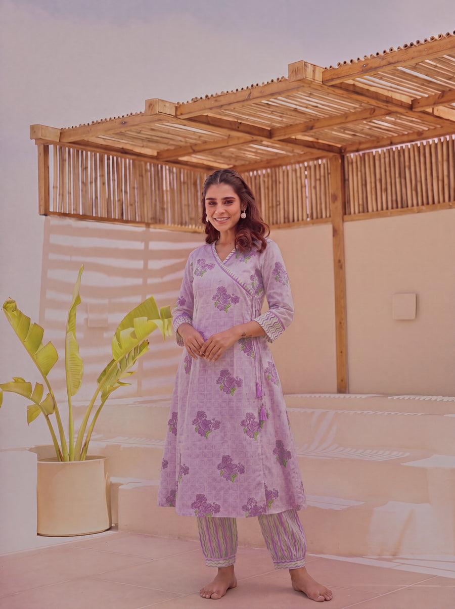 Purple Block Printed Cotton Angrakha Kurta Pant Set
