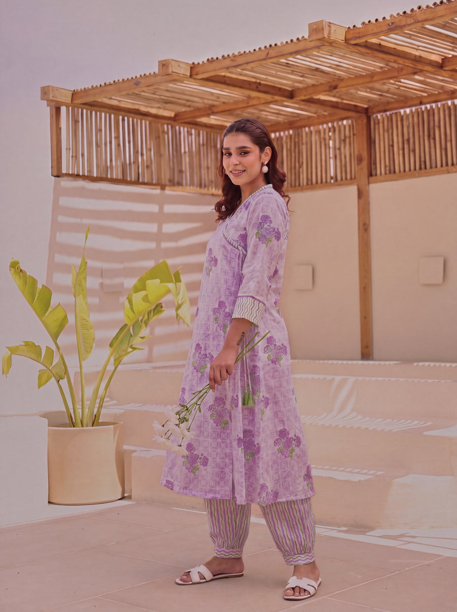 Purple Block Printed Cotton Angrakha Kurta Pant Set