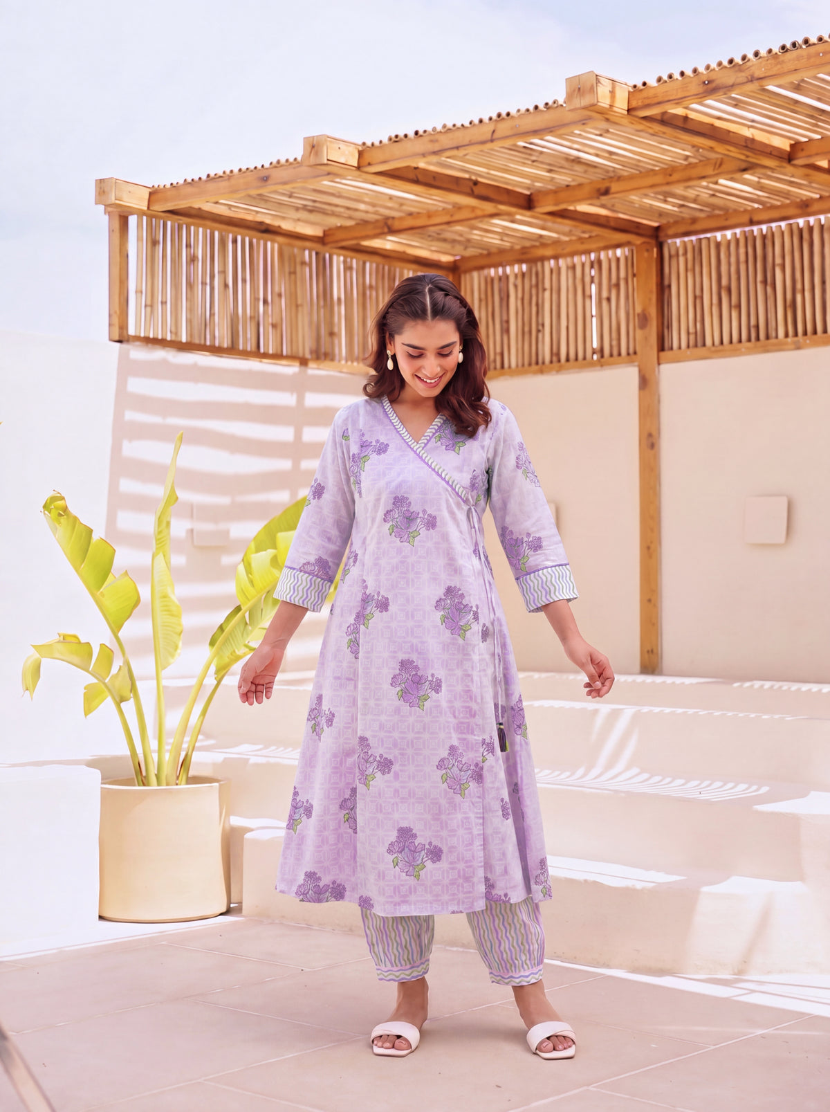 Purple Block Printed Cotton Angrakha Kurta Pant Set