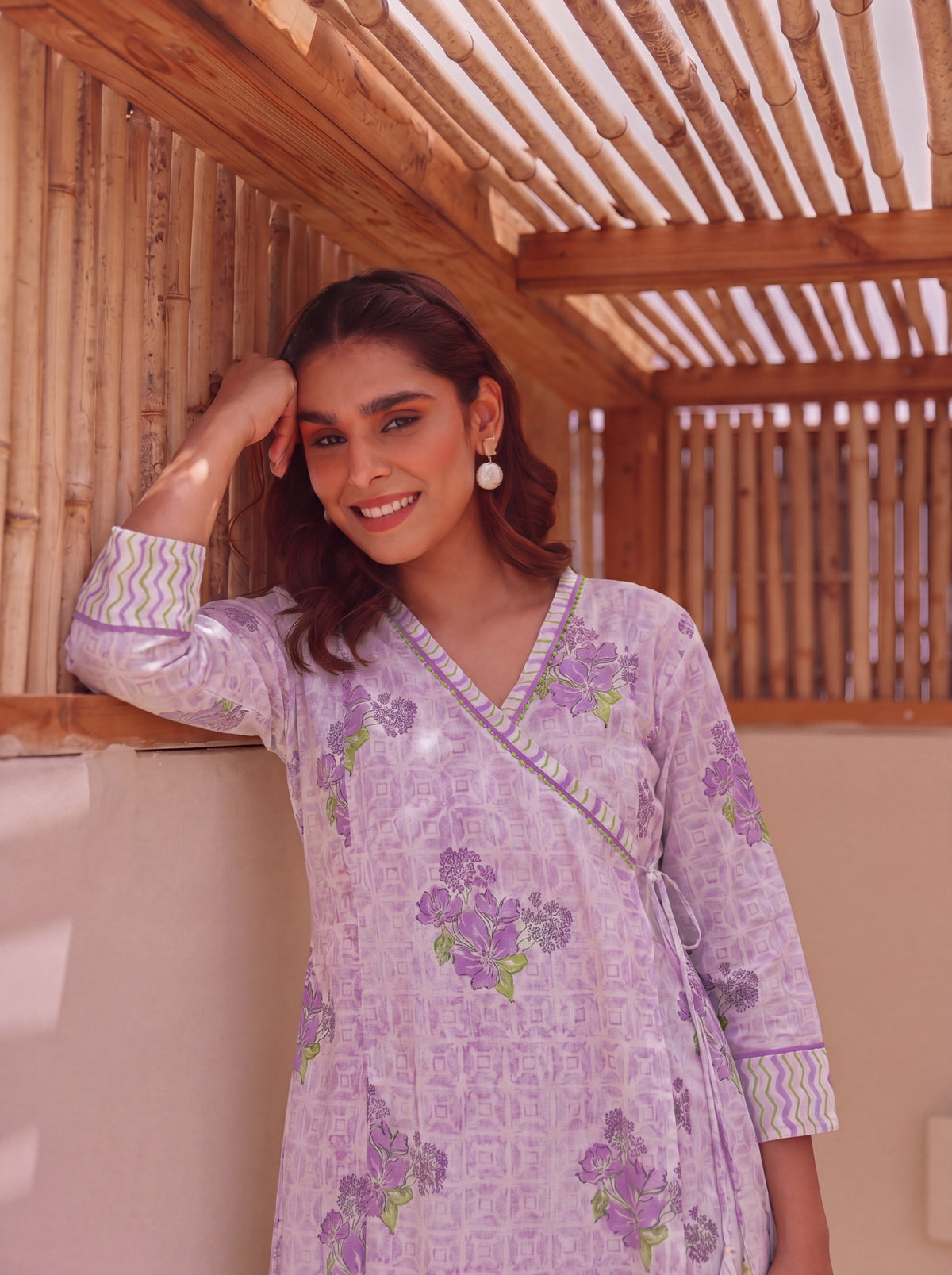 Purple Block Printed Cotton Angrakha Kurta Pant Set