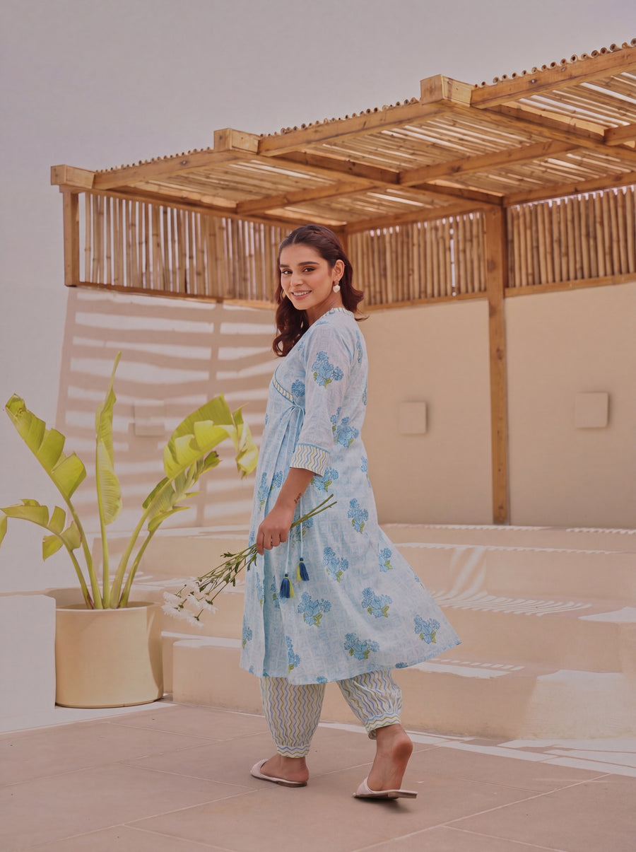 Blue Block Printed Cotton Angrakha Kurta Pant Set